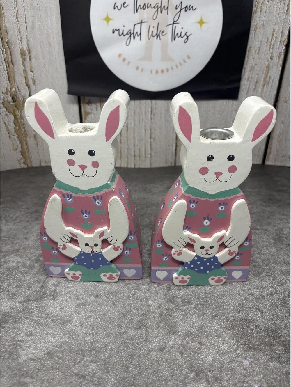 Vintage Wooden Mama Bunny Baby Candlestick Holders Pair Easter Spring Decor Pink